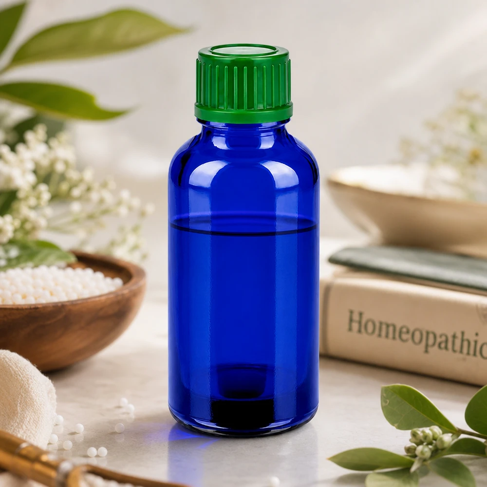 30ml fles 11mm SV groen STD BlueLine UT18/30 Klein blauw glazen flesje van 30 ml, perfect voor homeopathie en alternatieve geneesmiddelen