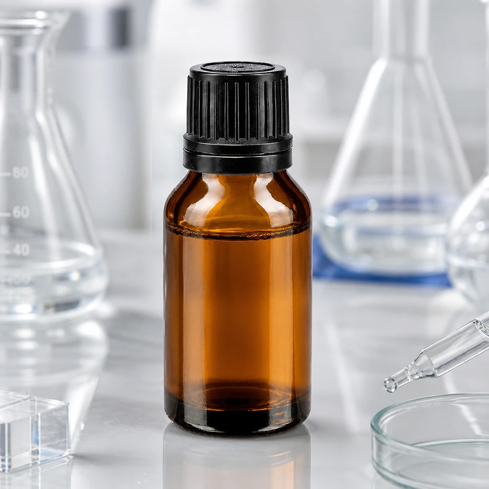 Bruine glazen fles 15ml met zwart schroefsluiting uitgietring VR Apothekersflesje van bruin borosilicaatglas, 15 ml, met zwarte doseerdop, OV