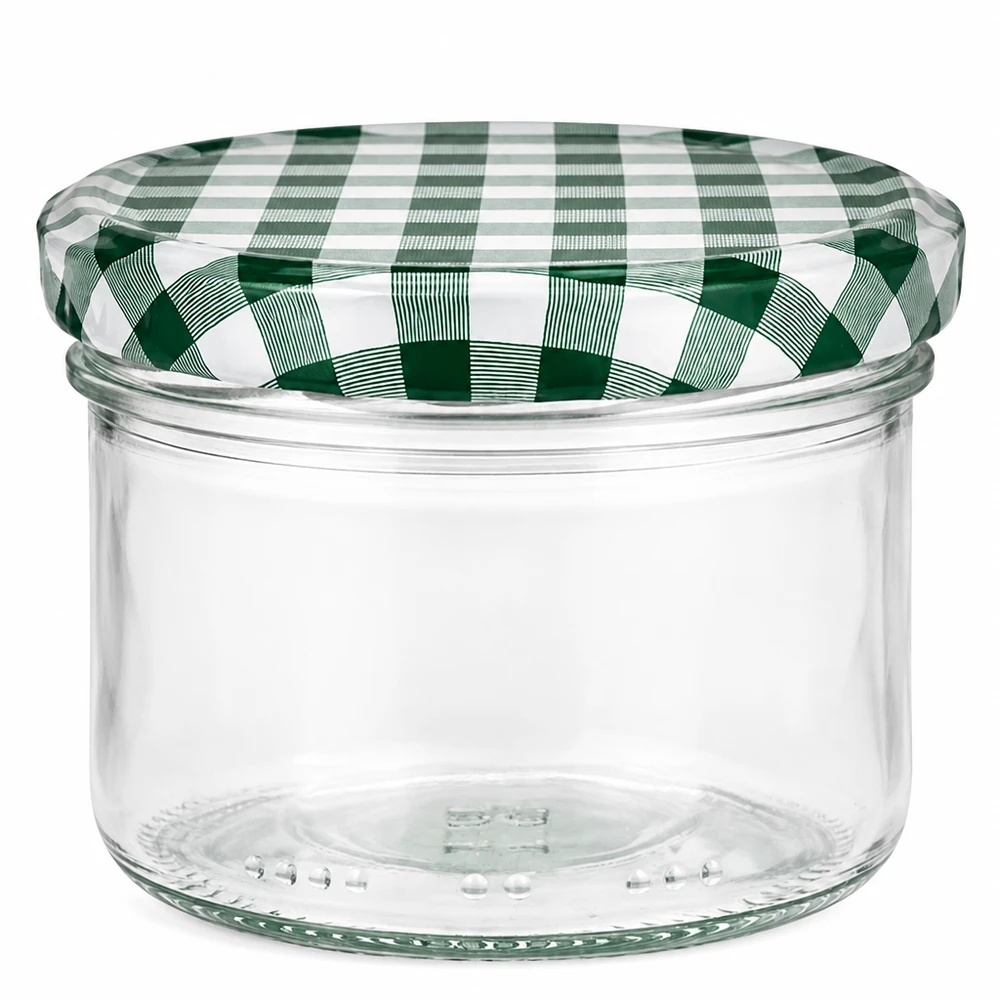 230ml cilindrische pot met BasicSeal deksel groen/wit UNiTWIST 230 ml cilindrische pot met groen en wit geruit BasicSeal deksel voor conserveren en inblikken