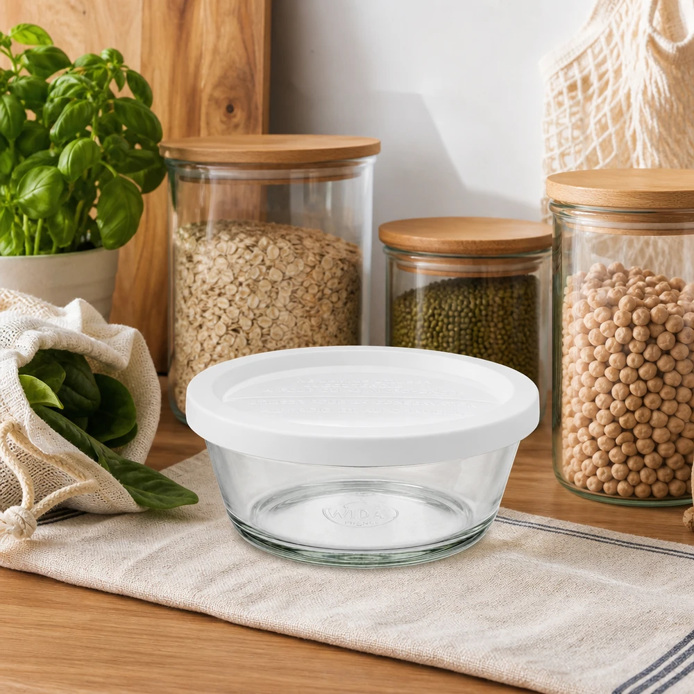 300ml gourmetglas met vershouddeksel WECK RR120 WECK RR120 Gourmetglas 300ml mit weißem Deckel in natürlicher Küchenumgebung mit Kräutern und Vorratsgläsern