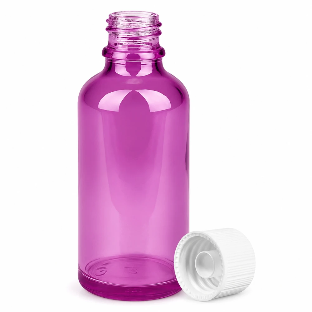 Handige paarse glazen fles 5cl met schroefdop voor aromatherapie en natuurlijke cosmetica