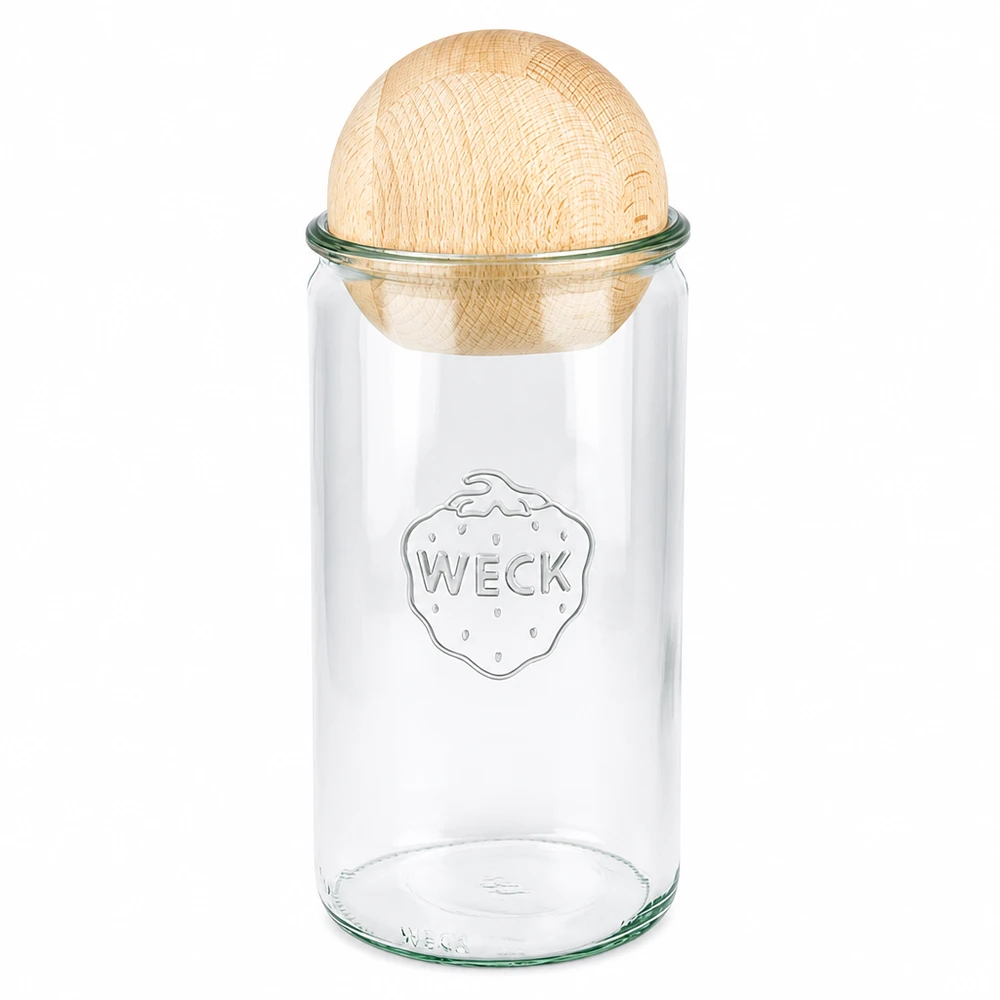 WECK cilinderpot 1590ml RR100 met houten bal van beukenhout als duurzame sluiting voor opslag
