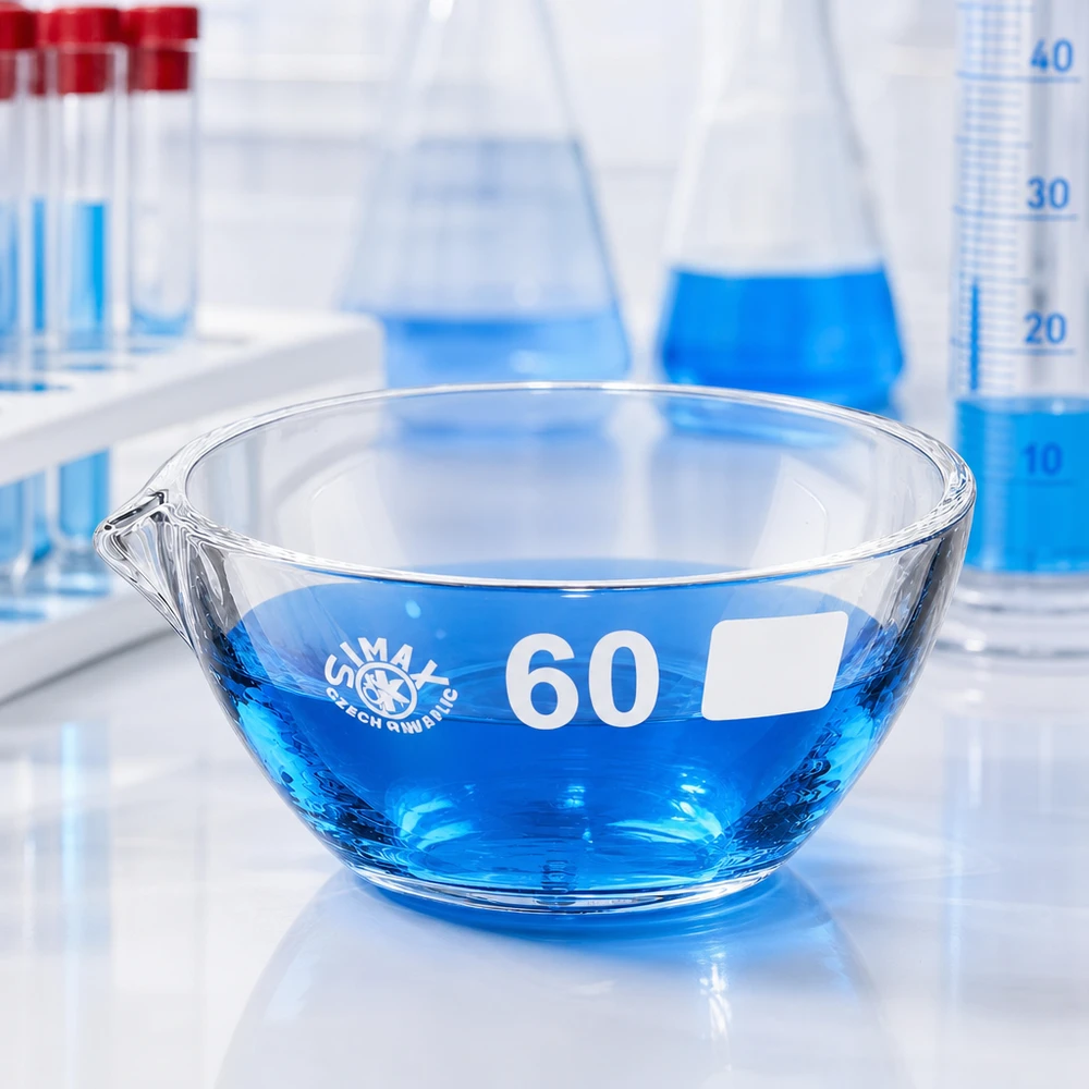Klein verdampingsschaaltje 45ml borosilicaat ø60mm met schenktuit voor microanalyses in het laboratorium