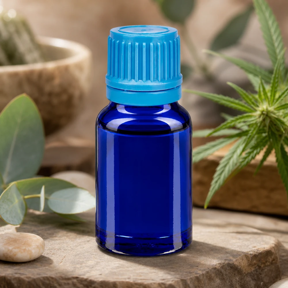 Stijlvol flesje van 10 ml in een intens blauwe kleur, perfect voor natuurlijke verzorgingsproducten