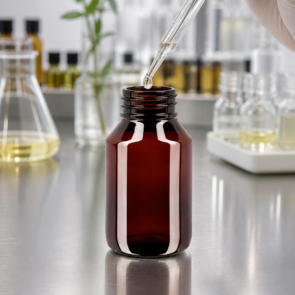 50 ml PET medicijnfles met verstuiver zwart GCMI 28/410 incl. dop transparant, standaard Bruine PET-fles van 50 ml met fraudebestendige blauwe dop, geschikt voor etherische oliën