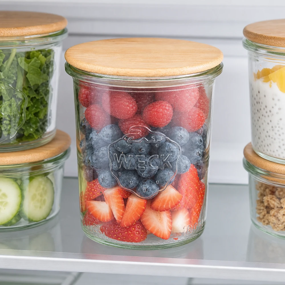 160ml stortglas WECK RR60 met hout deksel WECK 160ml RR60 koelkast voorraadpot verse bessen fruit georganiseerde opslag bamboe deksel