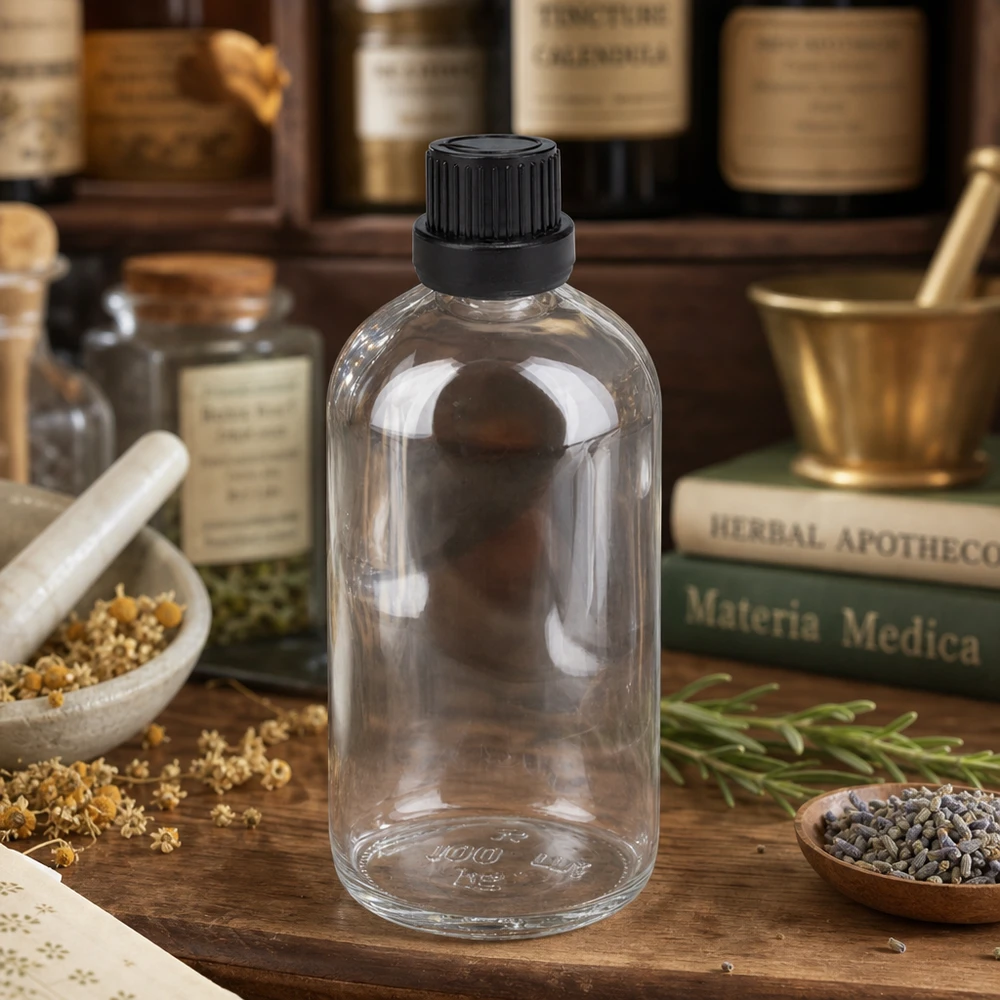 Apothekersfles van 100 ml van helder glas met zwarte veiligheidsdop voor etherische oliën