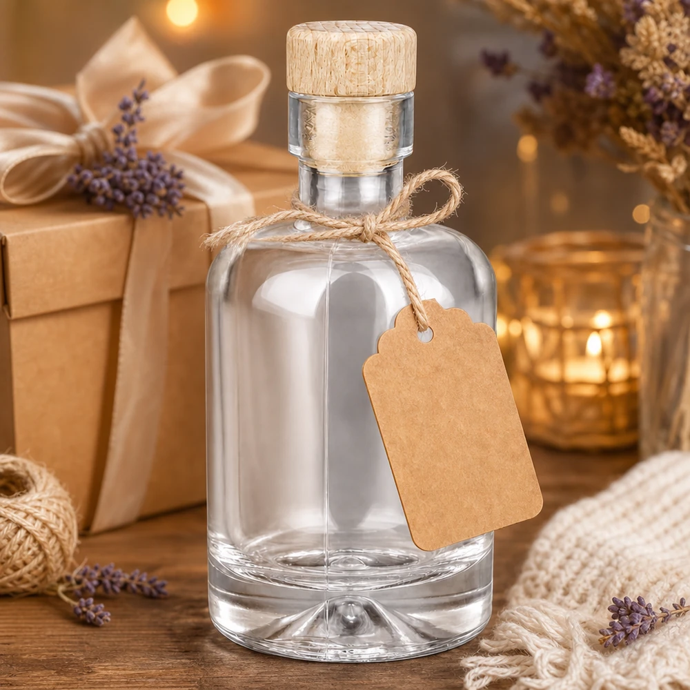 50 ml glazen fles Amelie als geschenkset versierd met hanger van lavendel kraftpapier en warm kaarslicht