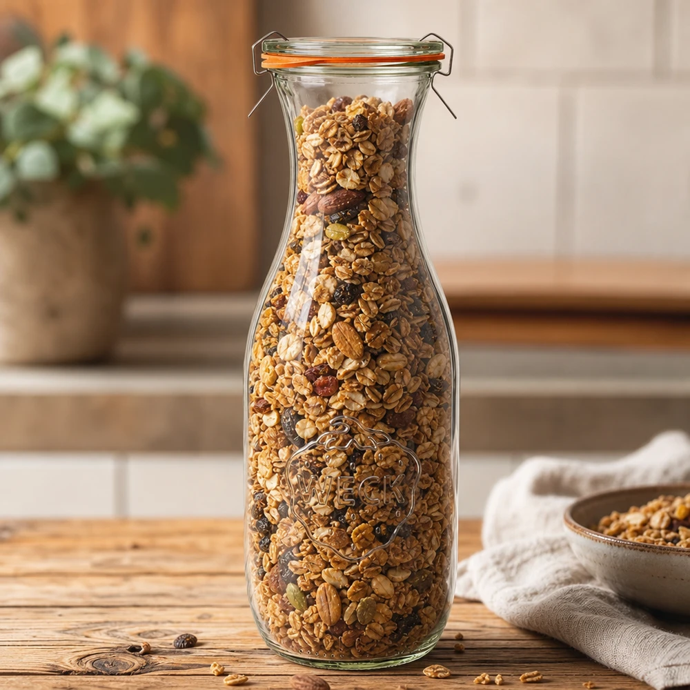 WECK sapfles 1062ml RR60 gevuld met muesli noten gepresenteerd als voorraadpot in een warme keukensfeer