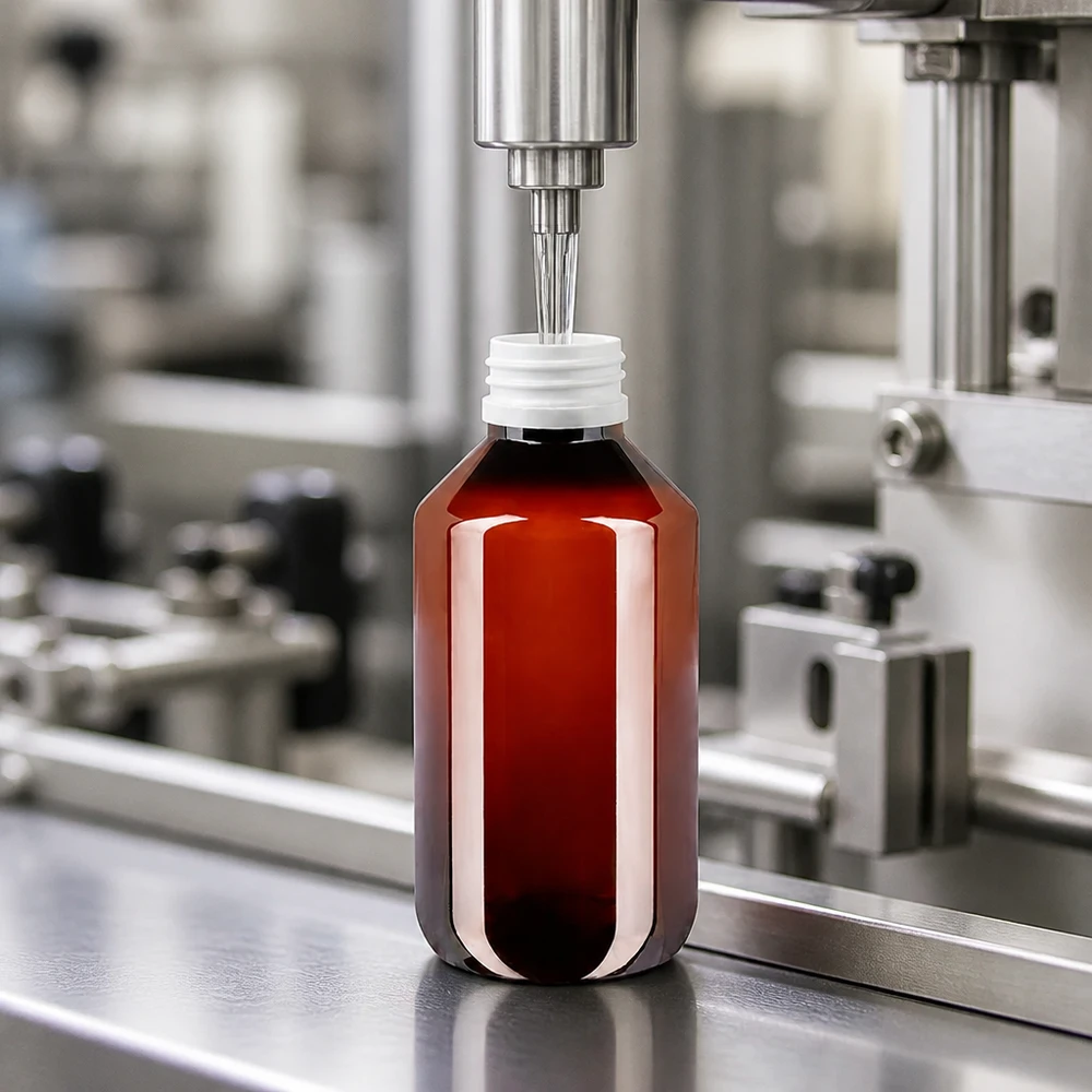 Lichtbestendige fles van 100 ml van PET met een witte, geribbelde draaisluiting in een afvulmachine