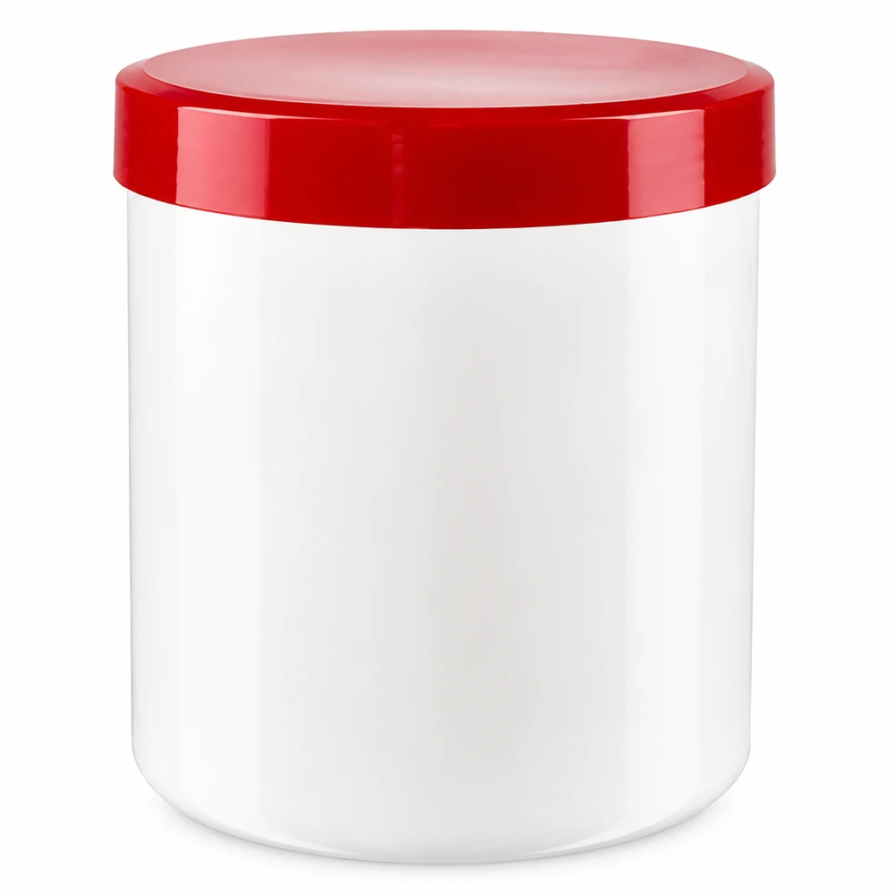 Zalfpot 20 g wit met rood schroefdeksel (PP) Kleine plastic pot van 20 g met schroefdeksel in rood, ideaal voor zalven en pasta’s