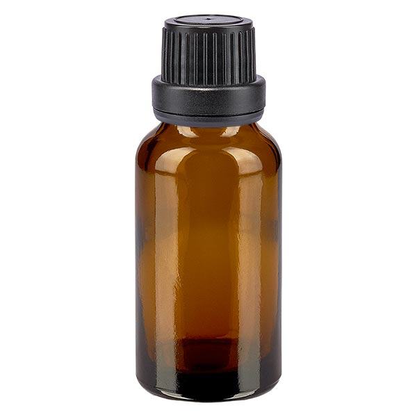 Bruine glazen fles 20ml met zwart druppelsluiting 2mm VR Bruine glazen fles 20ml met zwart druppelsluiting 2mm VR