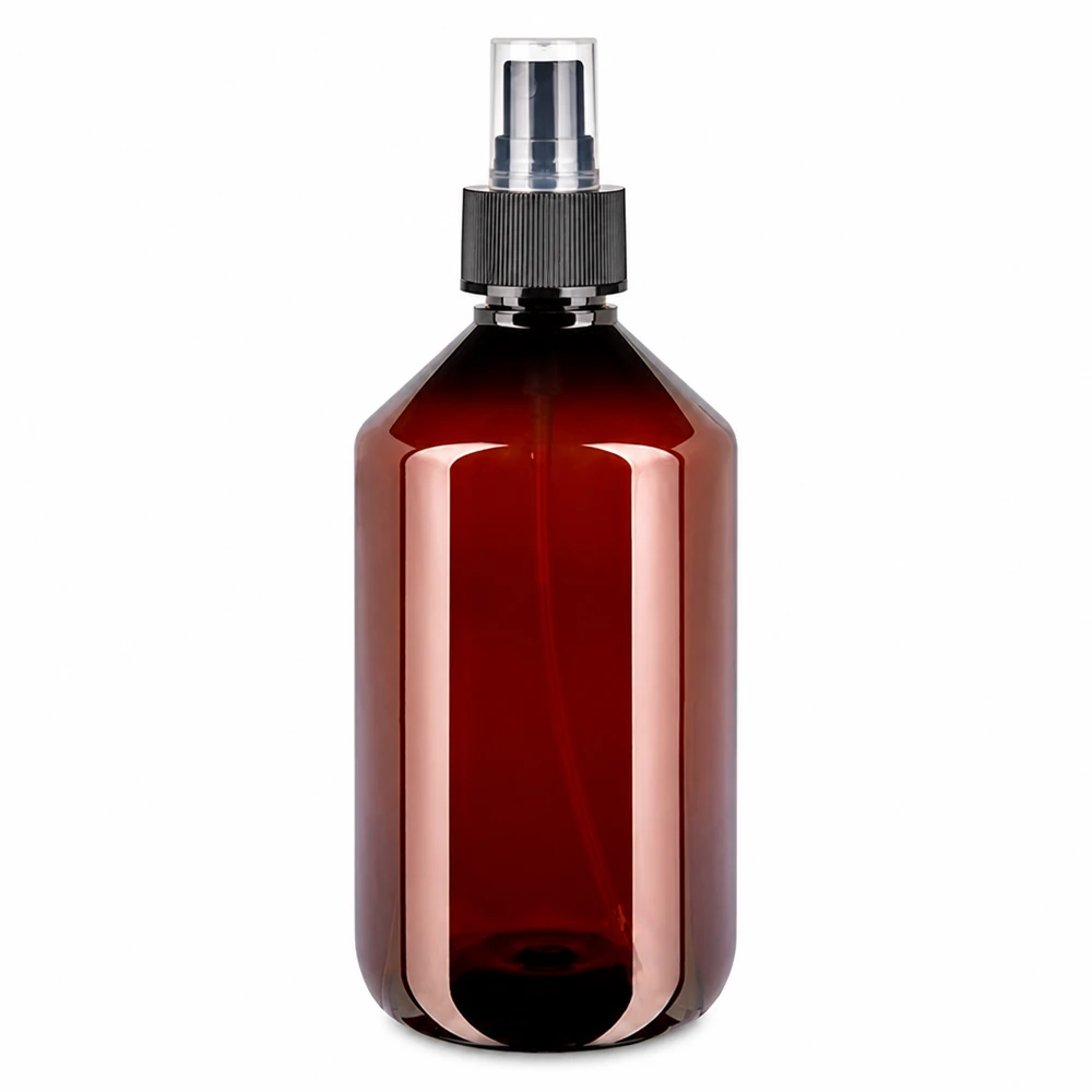 500 ml PET medicijnfles met verstuiver zwart GCMI 28/410 incl. dop transparant, standaard 500ml Braune PET Flasche mit schwarzem Zerstäuber für Kosmetik Haarpflege Reinigung
