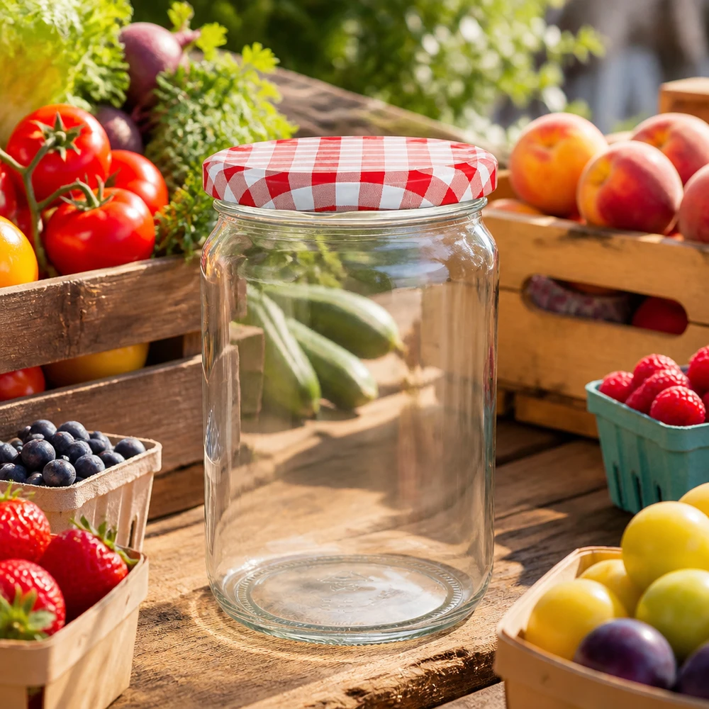 795ml ronde pot met rood en wit geblokt deksel tussen vers fruit en groenten op een houten tafel in de tuin