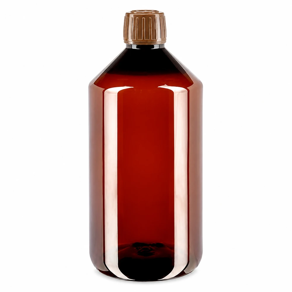 PET fles 750ml met bruine verzegelstop Cilindrische PET-fles met brede hals, 750 ml, bruin, met OV-veiligheidssluiting