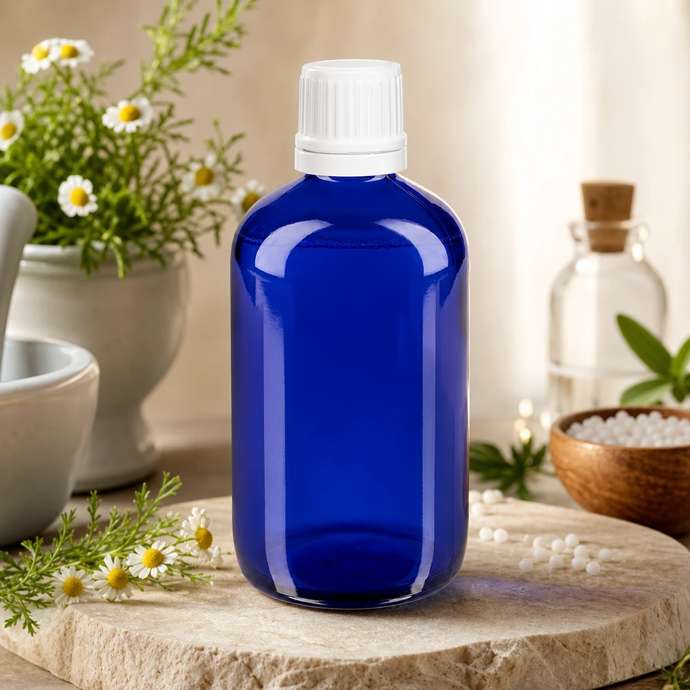 Blauw medicijnflesje van 100 ml, gemaakt van UV-bestendig glas, met een witte verzegeling en een decoratie met kruiden