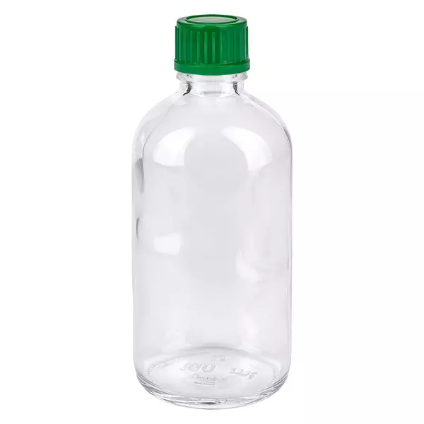 Glazen fles van 100 ml met groene schroefdop, 11 mm, ClearLine UT18/100