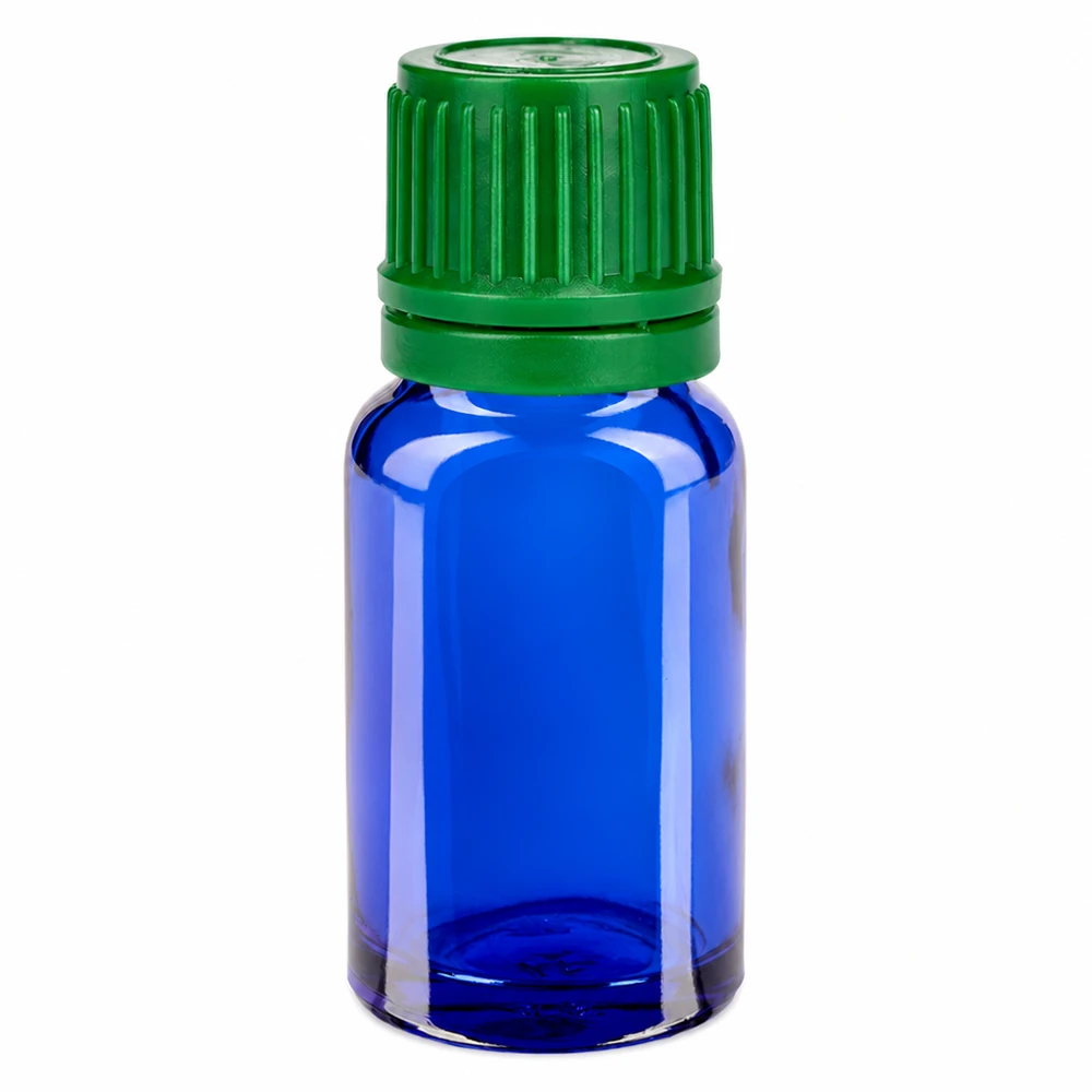 10ml flesje 11mm SV groen OV BlueLine UT18/10 10ml apothekersflesje in blauw met groene dop voor farmaceutische toepassingen