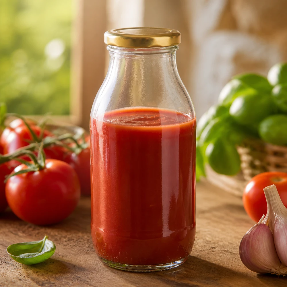 Rustieke UNiTWIST-glazen fles van 250 ml met BasicSeal-gouden dop en tomatensaus op een houten ondergrond