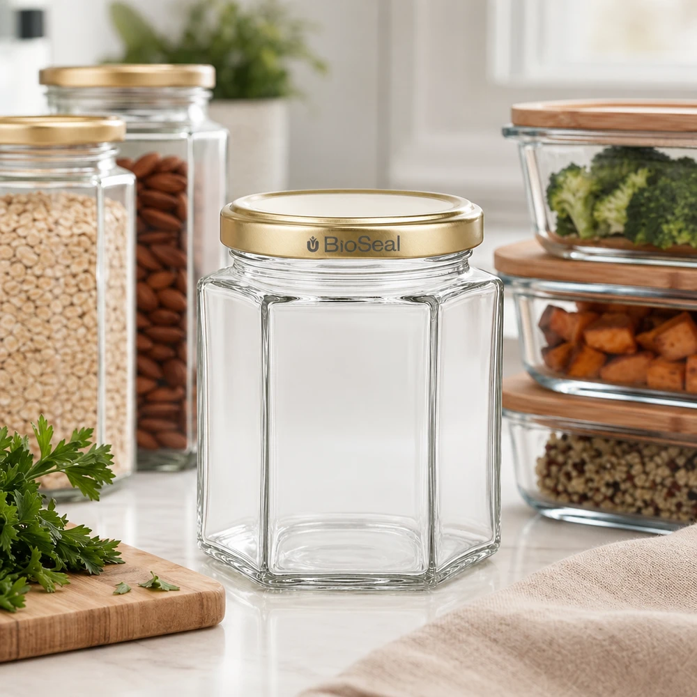 250g honingpot zeshoekig leeg BioSeal goud deksel moderne keuken met voorraadpotten noten groenten kruiden