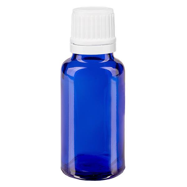 Blauwe glazen flessen 20ml met wit druppelsluiting 1.2mm VR Blauwe glazen flessen 20ml met wit druppelsluiting 1.2mm VR