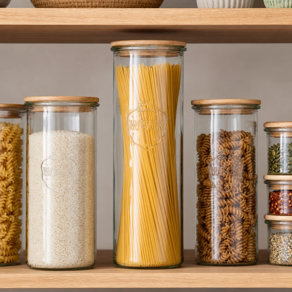 1500ml stortglas WECK RR100 met hout deksel WECK voorraadpot 1500ml RR100 met houten deksel voor spaghetti rijst noedels perfecte keuken organisatie voorraadkast