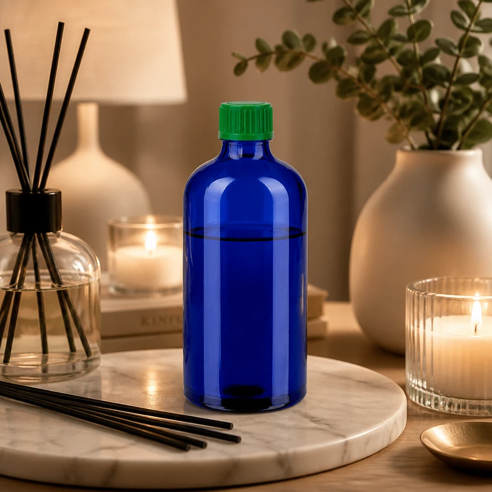 Hoogwaardige blauwe druppelflacon 100ml van glas met groene plastic dop voor veilig bewaren