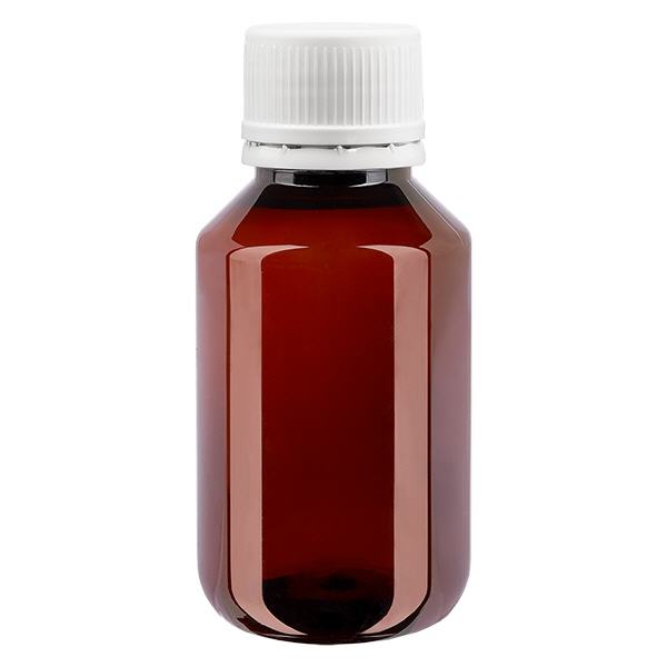 PET fles 100ml met wit OV fijn geribbeld PET fles 100ml met wit OV fijn geribbeld