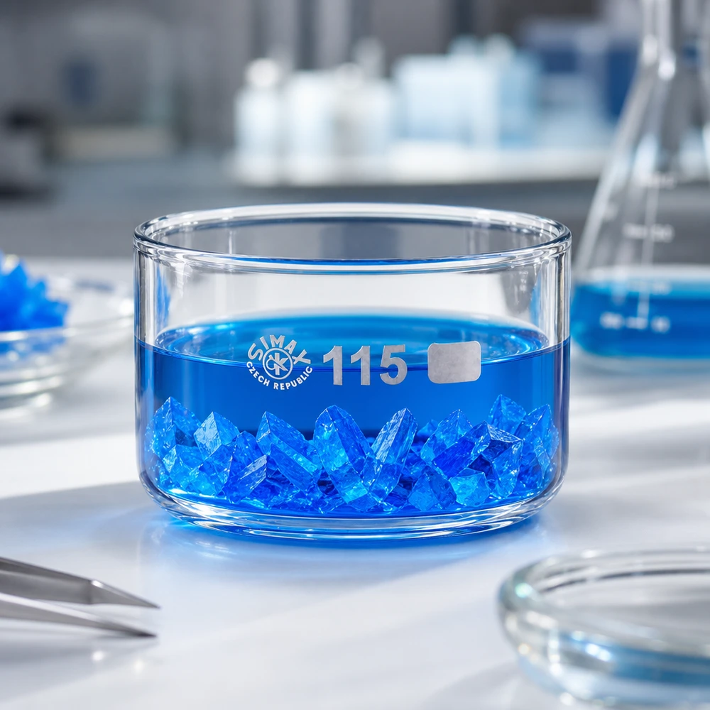 Kristalliseerschaal 500ml zonder schenktuit Laboratoriumkom 500 ml SIMAX Tsjechië met neergeslagen blauwe chemische kristallen