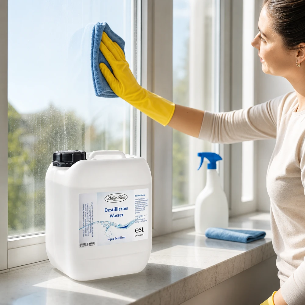 Vrouw maakt ramen schoon met Doktor-Klaus gedestilleerd water 5L voor streeploze glasbewassing in huis