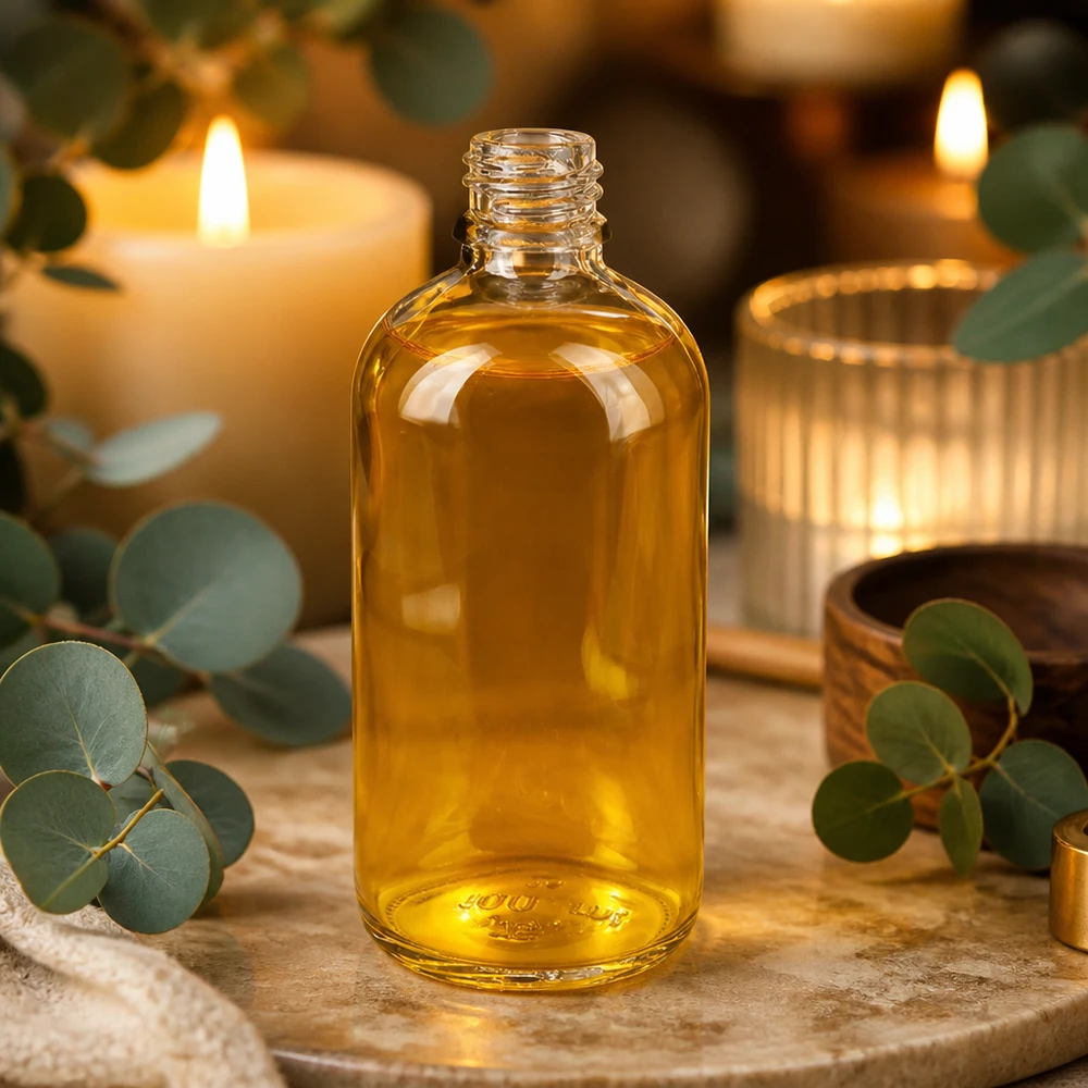 Apothekersflesje van 100 ml UNiTWIST ClearLine DIN18 met goudkleurige olie met de geur van kaarsen en eucalyptus