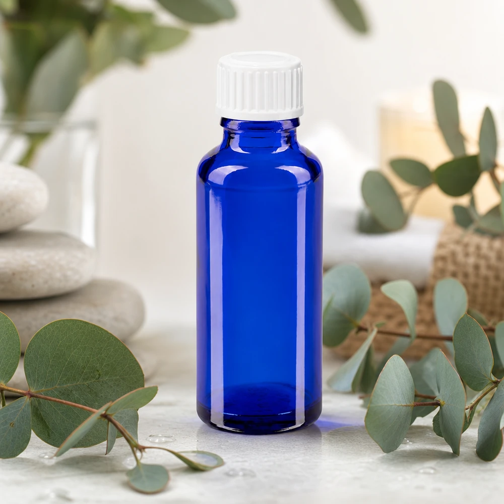 Glasflesje van 30 ml met UV-bescherming in blauw met witte dop, naast spa-stenen en groene planten