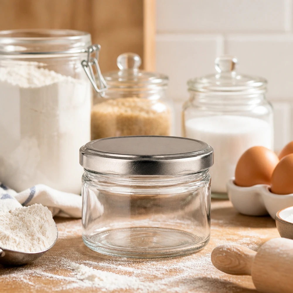 540ml ronde pot leeg met zilver mat deksel in keuken, bakingrediënten bloem eieren, veelzijdige voorraadpot