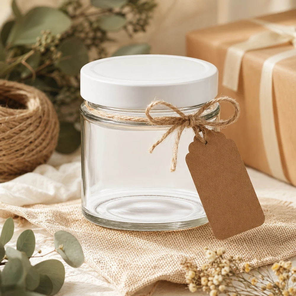135 ml ronde pot met wit BasicSeal deksel decoratief gerangschikt met kraftpapier label DIY geschenkverpakking