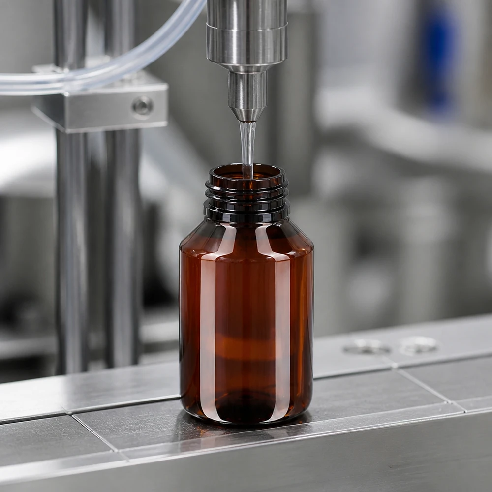 50 ml PET medicijnfles met verstuiver wit GCMI 28/410 incl. dop transparant, standaard Präzise maschinelle Dosierung einer 50ml Flasche bernsteinfarben für pharmazeutische Produkte