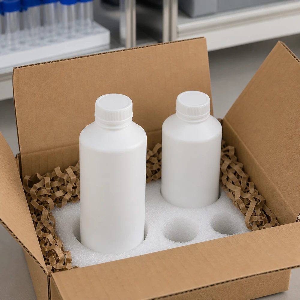 PET cilinderfles 100ml wit, S20x3, zonder sluiting Twee ronde witte kunststof flessen van 100 ml (HDPE) met schroefdop, verpakt in een stevige transportverpakking