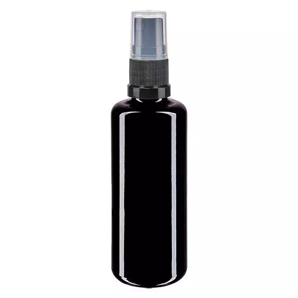 Fles van violet glas 50 ml met pompverstuiver zwart Fles van violet glas 50 ml met pompverstuiver zwart