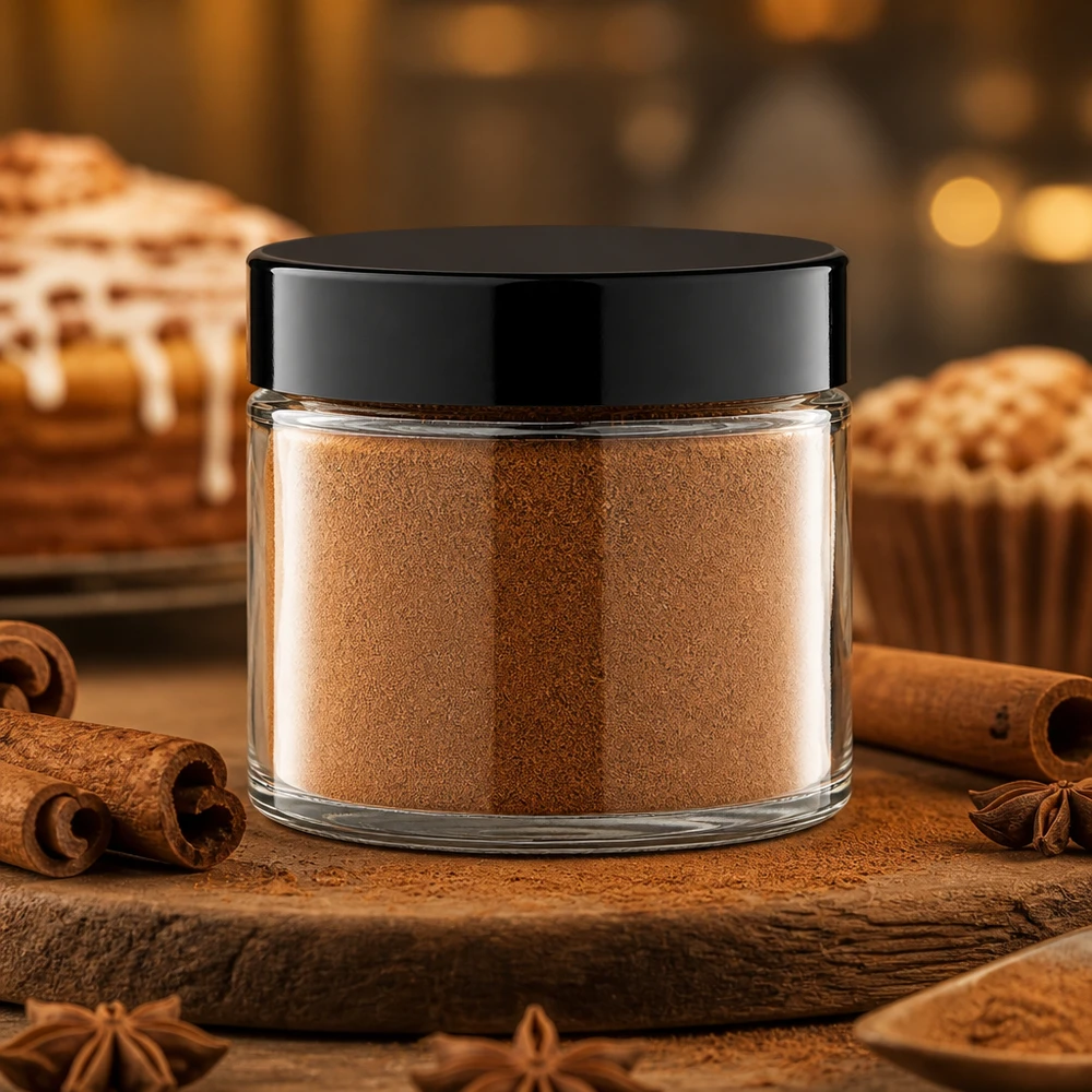 Bolvormig glazen potje van 30 ml met schroefdeksel voor kaneel, naast muffins en kaneelbroodjes