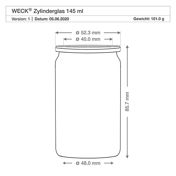 145ml cilinderglas met vershouddeksel WECK RR40 WECK cilindrische pot 145ml RR40 technische tekening met afmetingen diameter 48mm hoogte 85.7mm gewicht 101g