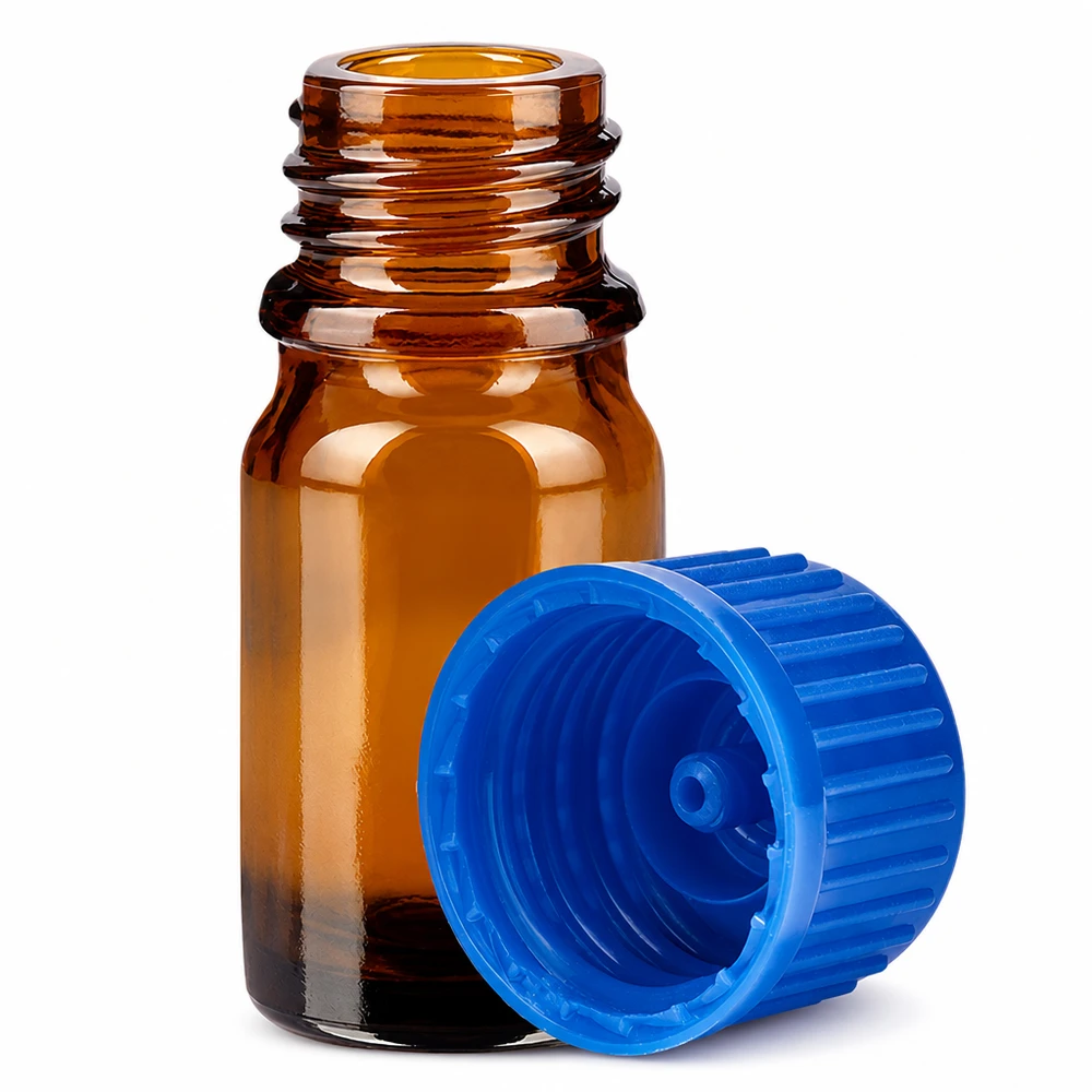 5ml amberkleurige glazen ampul UT18/5 met 11mm schroefdraad en blauwe dop voor nauwkeurig doseren