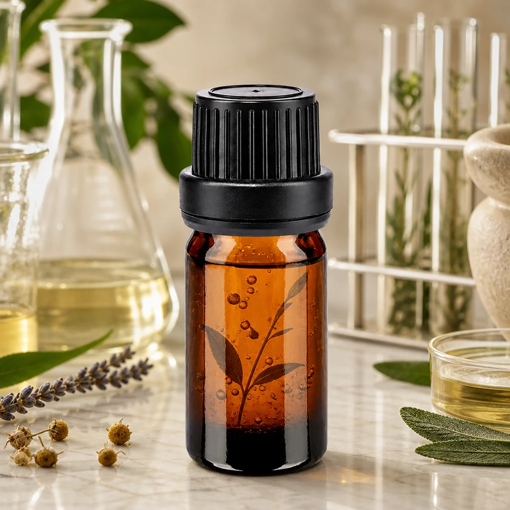 Bruine glazen fles 5ml met zwart schroefsluiting dicht. VR Hoogwaardig bruin glazen flesje van 5 ml met zwarte doseerdop van 11 mm voor oliën