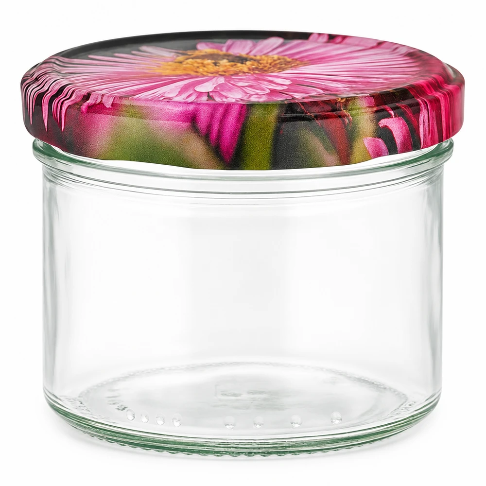 230ml cilindrische pot met BasicSeal deksel Bloemen decor UNiTWIST Inmaakpot 230ml met bloesemdeksel roze gerbera motief Cilinderpot BasicSeal sluiting Inmaakpot leeg