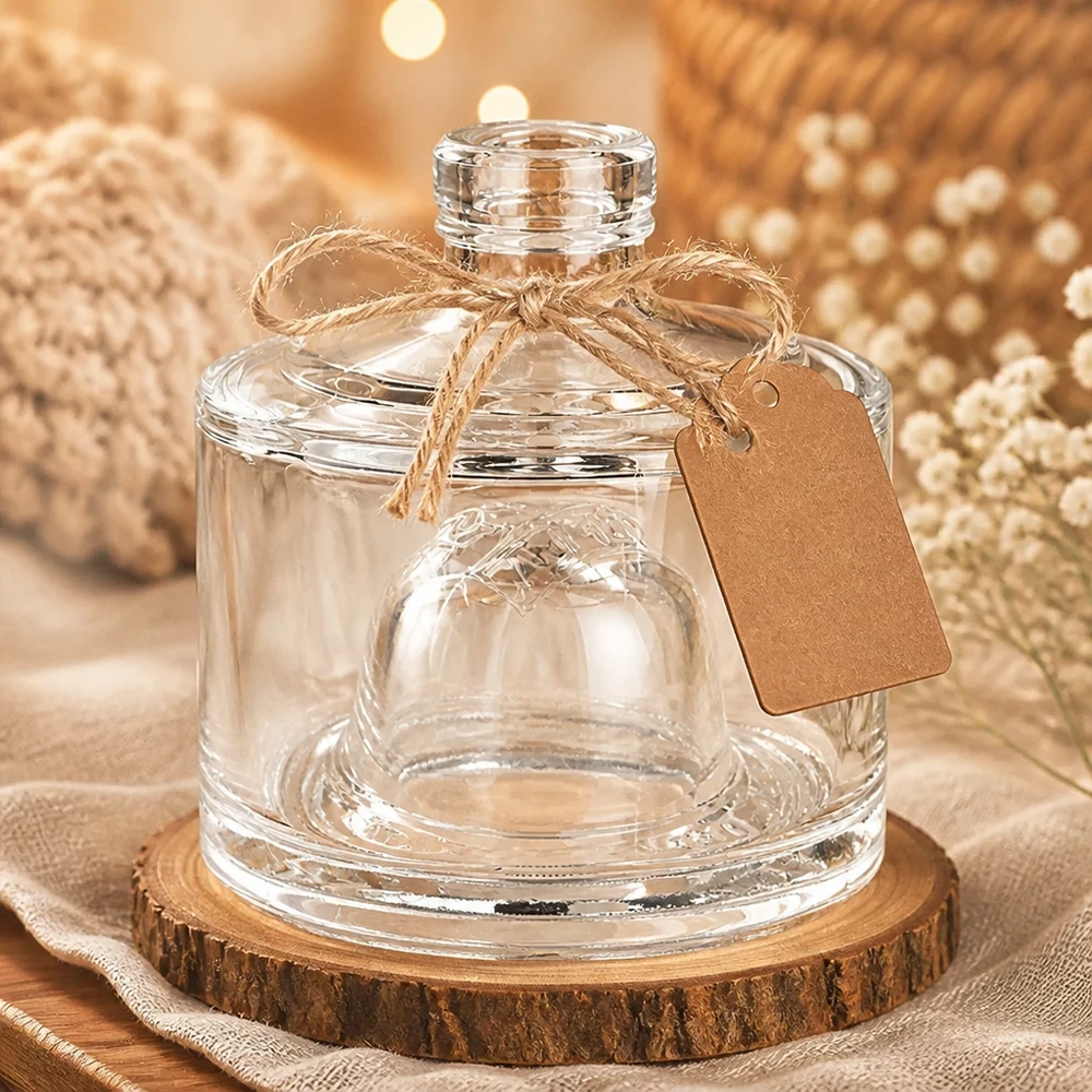 200 ml Barbara glazen fles decoratief gepresenteerd op een houten schijf met jute lint en rustiek geschenklabel