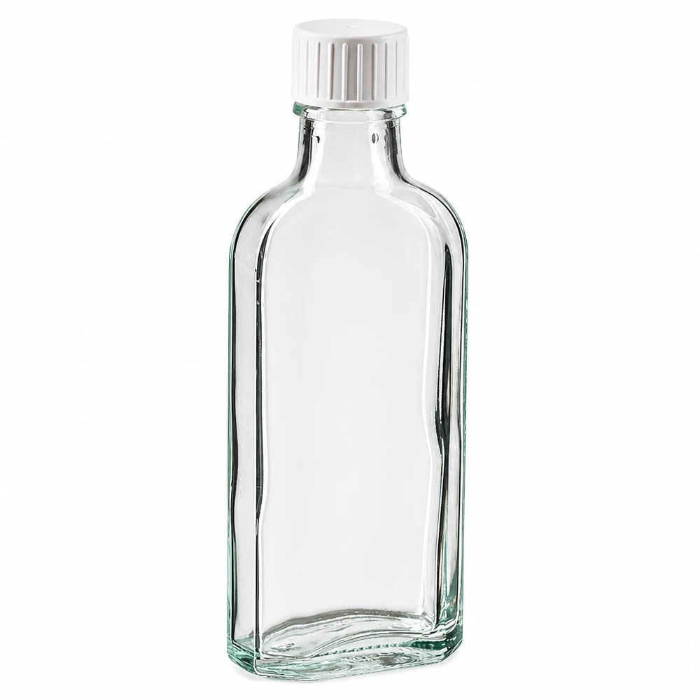 100 ml witte meplatfles met DIN 22 monding, inclusief schroefsluiting DIN 22 wit met gietring Lege Meplat-glazen fles van 100 ml, rechthoekig, helder, met witte schroefdop
