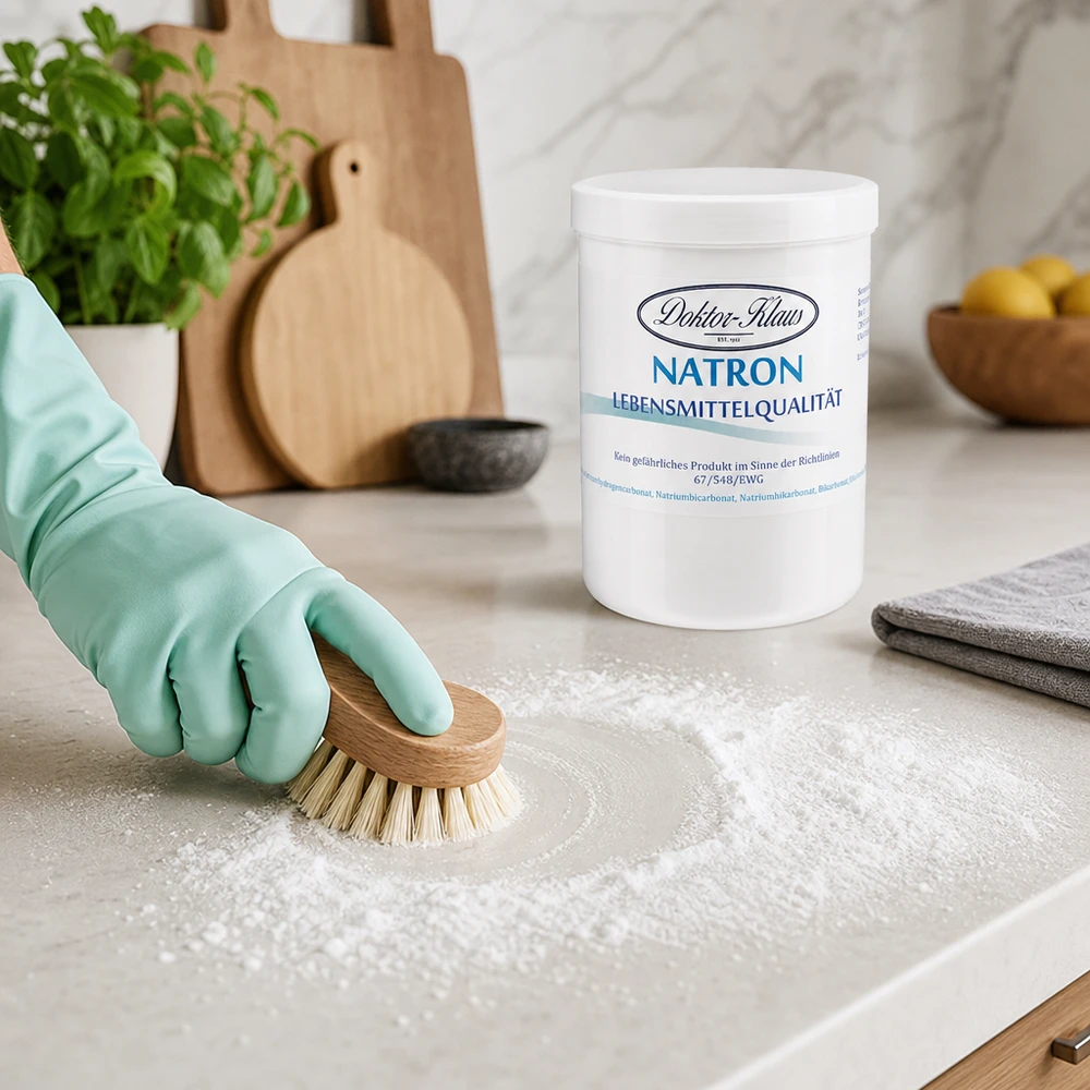 Doktor-Klaus Natron, 1000g in witte pot, levensmiddelenkwaliteit Natron 1kg Doktor Klaus in praktischer Vorratsdose für vielseitige Haushaltsanwendungen