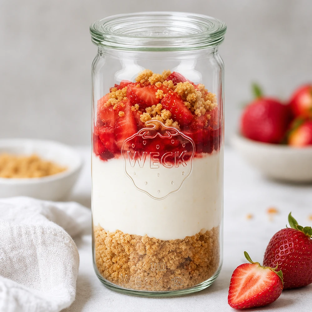 340ml cilinderglas met glazen deksel WECK RR60 WECK 340 ml cilindervormige pot RR60 met aardbeien dessertlaag biscuit basis room en fruit als parfait inspiratie