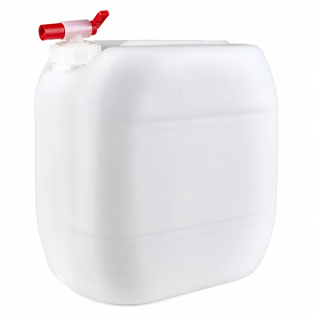 Grote witte kunststofbak van 30 liter met tapkraan voor het veilig opslaan van water