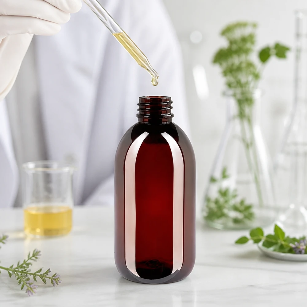 50 ml PET medicijnfles met verstuiver zwart GCMI 28/410 incl. dop transparant, standaard Ovale PET-fles van 250 ml in amberkleur met een rode verzegelde dop