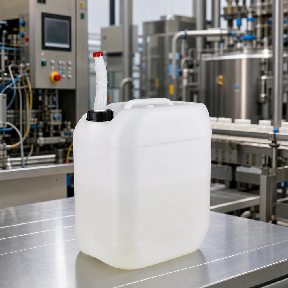 Industriële jerrycan van 20 liter met flexibele uitloopbuis voor chemisch bestendige opslag en transport