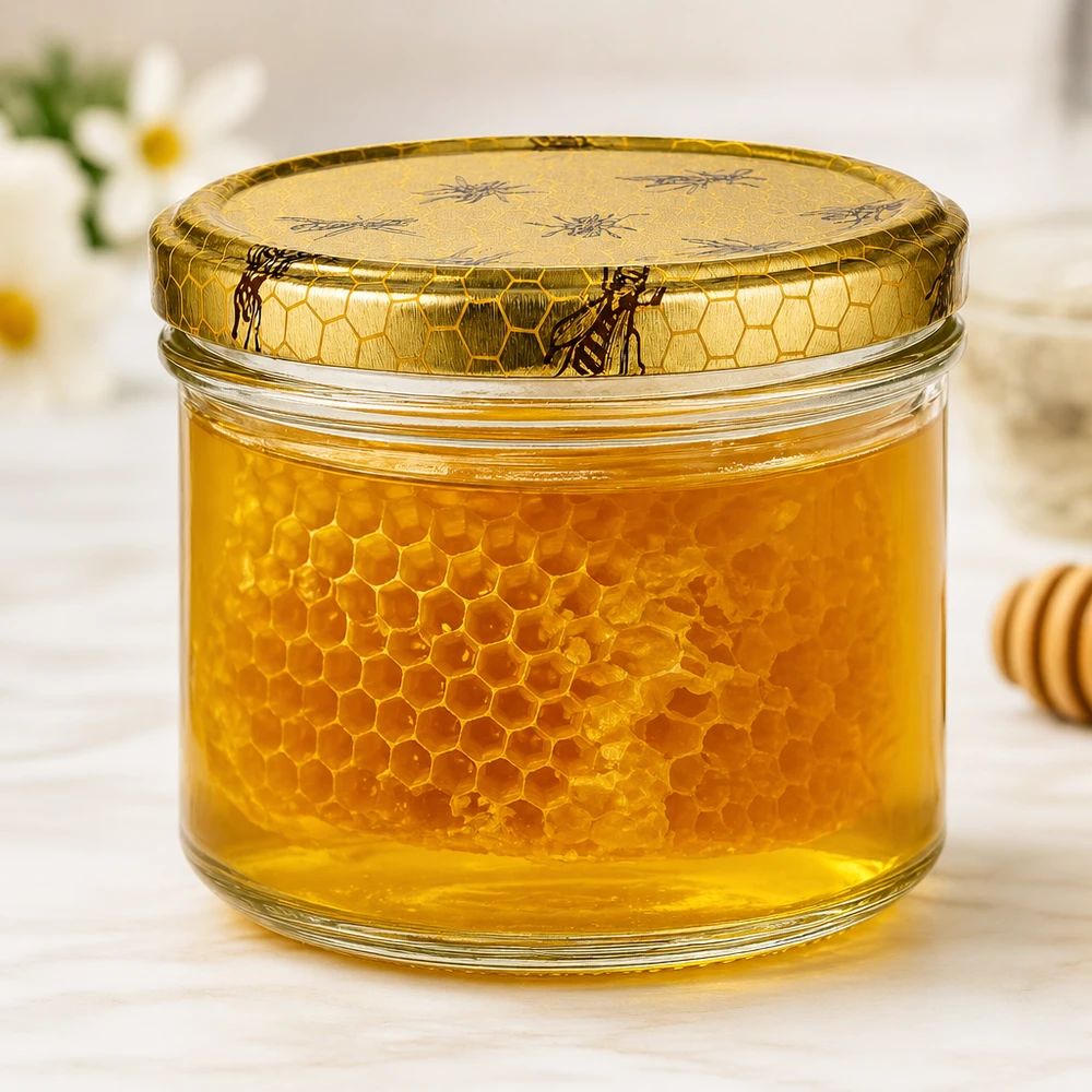 Gevulde 250g honingpot met echte honingraat en decoratief deksel met gouden honing in de pot